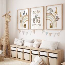 Safari Animal Nursery Prints Beige Rainbow Boho Wall Art, Dream Big - Set Of 3 - thumbnail 2