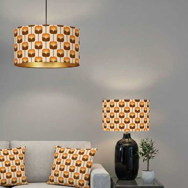 Handmade By Order Luxury Scandi Floral Orange & Brwon Cream Combination Drum Velvet Lamp Shade Pendant Light All Shapes - image 1