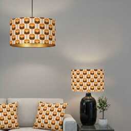 Handmade By Order Luxury Scandi Floral Orange & Brwon Cream Combination Drum Velvet Lamp Shade Pendant Light All Shapes - thumbnail 1