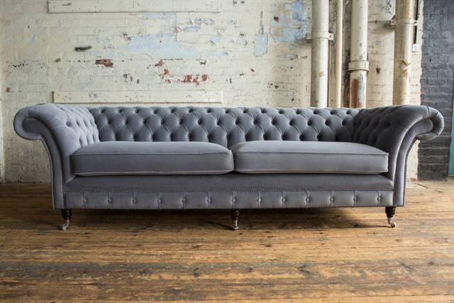Unique British Handmade 4 Seater Platinum Grey Velvet Chesterfield Sofa - image 1