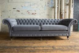 Unique British Handmade 4 Seater Platinum Grey Velvet Chesterfield Sofa - thumbnail 1