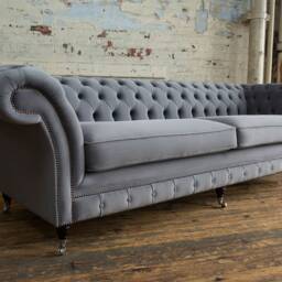 Unique British Handmade 4 Seater Platinum Grey Velvet Chesterfield Sofa - thumbnail 3
