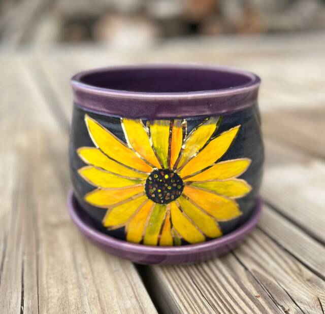 Sunflower Planter, Flowerpot, Housewarming Gift, Hand Painted, Home D??cor, Teacher Handmade Pottery By Daisy Friesen - image 1