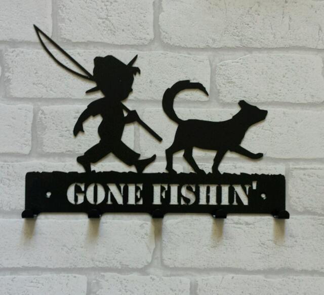 Gone Fishin' Boy & Dog Silhouette Key Hook Rack - Keys, Aprons, Tea Towels Metal Wall Art, Laser Cut Solid Steel - image 1