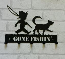 Gone Fishin' Boy & Dog Silhouette Key Hook Rack - Keys, Aprons, Tea Towels Metal Wall Art, Laser Cut Solid Steel - thumbnail 1