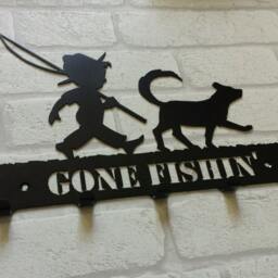 Gone Fishin' Boy & Dog Silhouette Key Hook Rack - Keys, Aprons, Tea Towels Metal Wall Art, Laser Cut Solid Steel - thumbnail 2