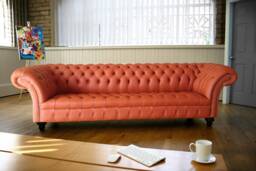 4 Seater Burnt Orange Leather Chesterfield Sofa, British Handmade