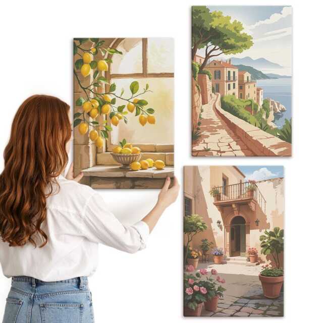 Canvas Set Of 3 - Citrus Fruits in The Kitchen With A View Sea & Charming Town, Yellow Print, Landscapes Wall Decor - image 1