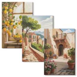 Canvas Set Of 3 - Citrus Fruits in The Kitchen With A View Sea & Charming Town, Yellow Print, Landscapes Wall Decor - thumbnail 2