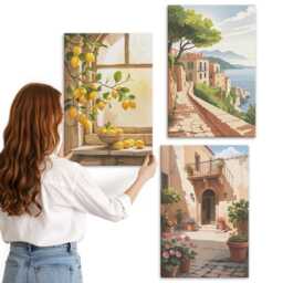 Canvas Set Of 3 - Citrus Fruits in The Kitchen With A View Sea & Charming Town, Yellow Print, Landscapes Wall Decor - thumbnail 1
