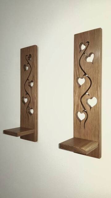 Wooden Candle Sconces Solid Oak With Heart Vine Detail .candles /Glass Not Included - image 1