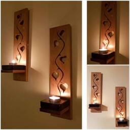 Wooden Candle Sconces Solid Oak With Heart Vine Detail .candles /Glass Not Included - thumbnail 3
