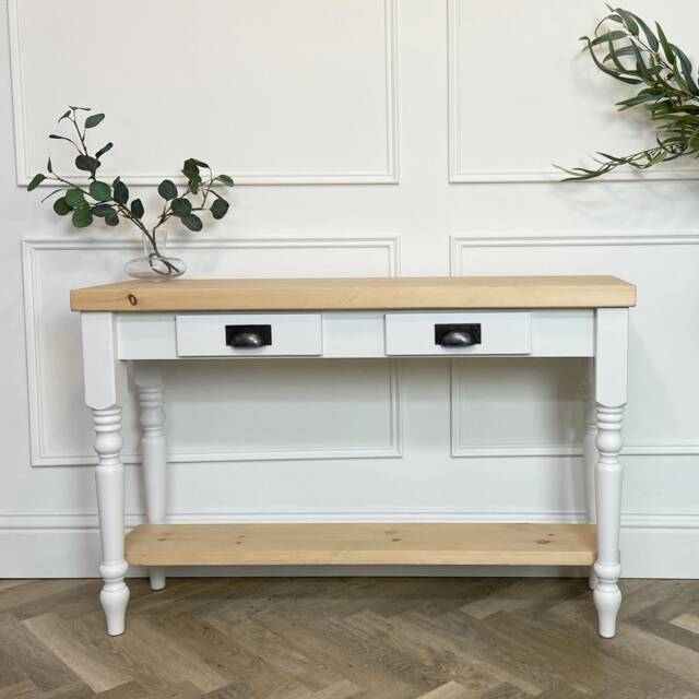 Farmhouse Style Console Table With Rustic Pine Wood Top & Turned Legs. Painted Base 2 Drawers Lower Shelf. Customisable - image 1