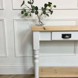 Farmhouse Style Console Table With Rustic Pine Wood Top & Turned Legs. Painted Base 2 Drawers Lower Shelf. Customisable - thumbnail 2