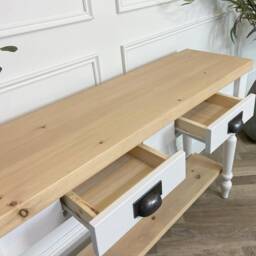 Farmhouse Style Console Table With Rustic Pine Wood Top & Turned Legs. Painted Base 2 Drawers Lower Shelf. Customisable - thumbnail 3