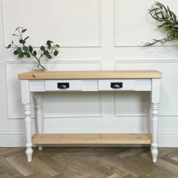Farmhouse Style Console Table With Rustic Pine Wood Top & Turned Legs. Painted Base 2 Drawers Lower Shelf. Customisable