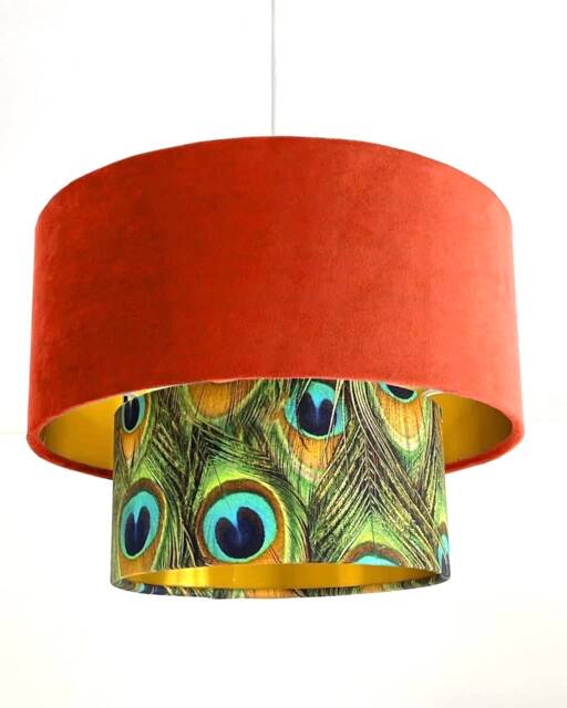 New Luxurious Handmade By Order Pumpkin Orange Velvet & Peacock Feathers Print Two Tier Pendant Lamp Light Shade With Metallic Lining - image 1