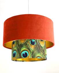 New Luxurious Handmade By Order Pumpkin Orange Velvet & Peacock Feathers Print Two Tier Pendant Lamp Light Shade With Metallic Lining