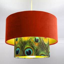 New Luxurious Handmade By Order Pumpkin Orange Velvet & Peacock Feathers Print Two Tier Pendant Lamp Light Shade With Metallic Lining - thumbnail 2