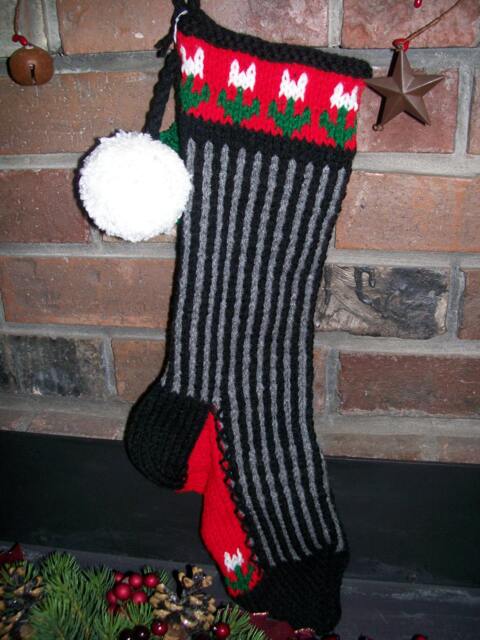 Hand Knit Christmas Stocking Black Gray Vertical Stripe White Flowers By Santa's Works - image 1