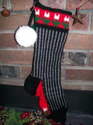 Hand Knit Christmas Stocking Black Gray Vertical Stripe White Flowers By Santa's Works