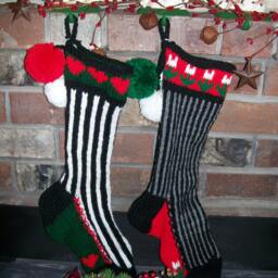 Hand Knit Christmas Stocking Black Gray Vertical Stripe White Flowers By Santa's Works - thumbnail 3