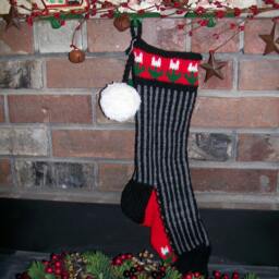 Hand Knit Christmas Stocking Black Gray Vertical Stripe White Flowers By Santa's Works - thumbnail 2