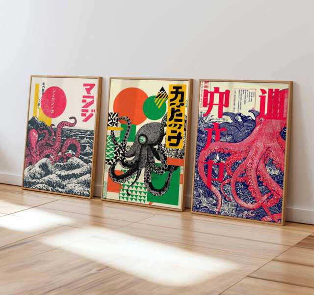 Japanese Octopus Art Print Set Of 3 - Retro Posters Vintage Japan Wall Tentacle Marine Decor Ukiyo-E Style Prints - image 1