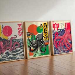 Japanese Octopus Art Print Set Of 3 - Retro Posters Vintage Japan Wall Tentacle Marine Decor Ukiyo-E Style Prints - thumbnail 2