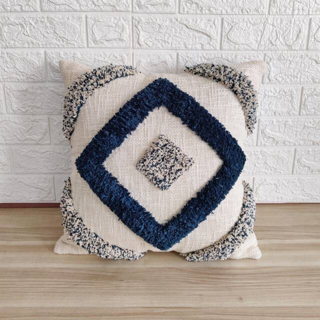 Blue & Ivory Decorative Sofa Throw Pillow Cover - 100% Natural Raw Washed Cotton Textured Fabric Embroidered Tufted Boho Cushion - image 1