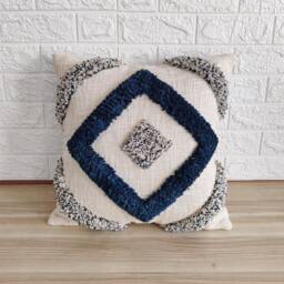 Blue & Ivory Decorative Sofa Throw Pillow Cover - 100% Natural Raw Washed Cotton Textured Fabric Embroidered Tufted Boho Cushion - thumbnail 1