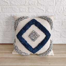 Blue & Ivory Decorative Sofa Throw Pillow Cover - 100% Natural Raw Washed Cotton Textured Fabric Embroidered Tufted Boho Cushion - thumbnail 3