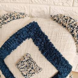 Blue & Ivory Decorative Sofa Throw Pillow Cover - 100% Natural Raw Washed Cotton Textured Fabric Embroidered Tufted Boho Cushion - thumbnail 2