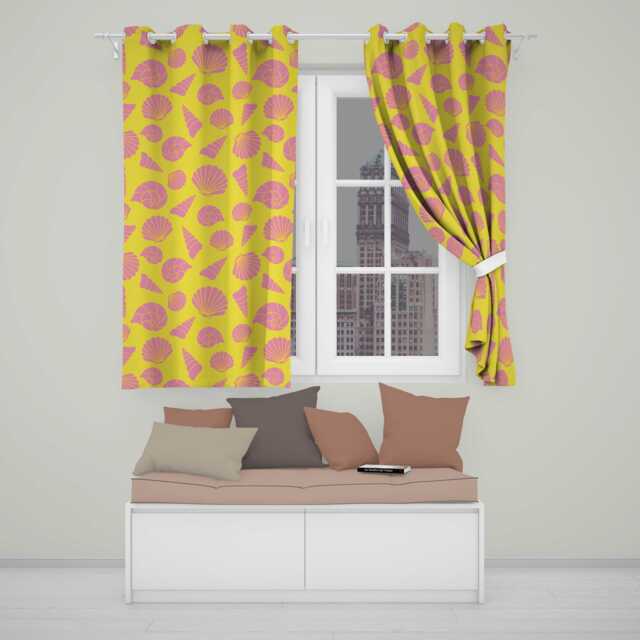 Minimal Seashell Pattern Yellow Pink Contrast Background Seamless Readymade Eyelet Ring Top Thermal 100% Blackout Curtains - image 1