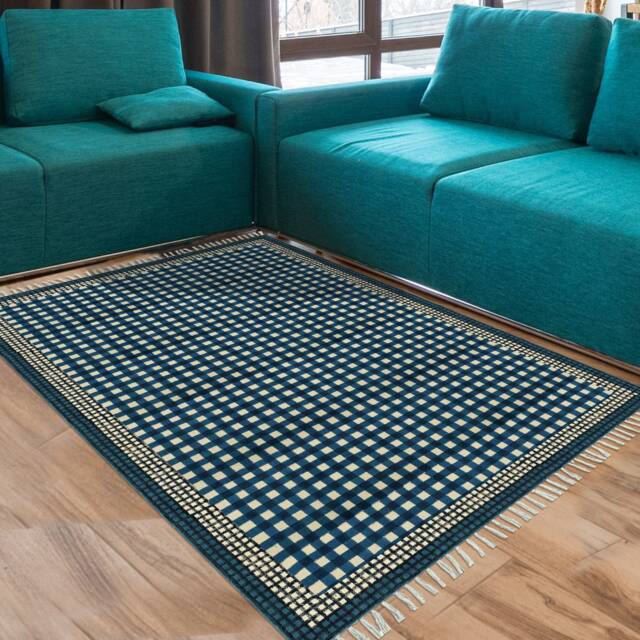 Blue Cotton Kilim Rug Hand Block Printed Boho Decor - image 1