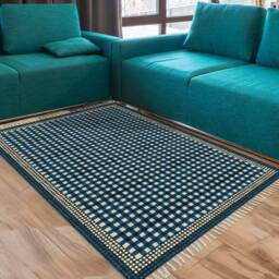 Blue Cotton Kilim Rug Hand Block Printed Boho Decor - thumbnail 1