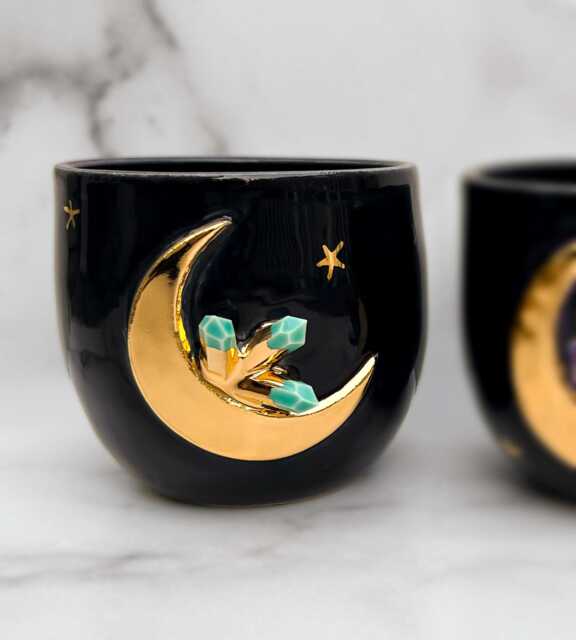 Aquamarine Crystal Lunar Planter With 22K Gold Moon, Moon Planter, Ceramics, Modern Mud - image 1