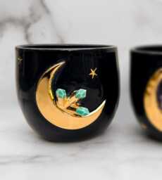 Aquamarine Crystal Lunar Planter With 22K Gold Moon, Moon Planter, Ceramics, Modern Mud