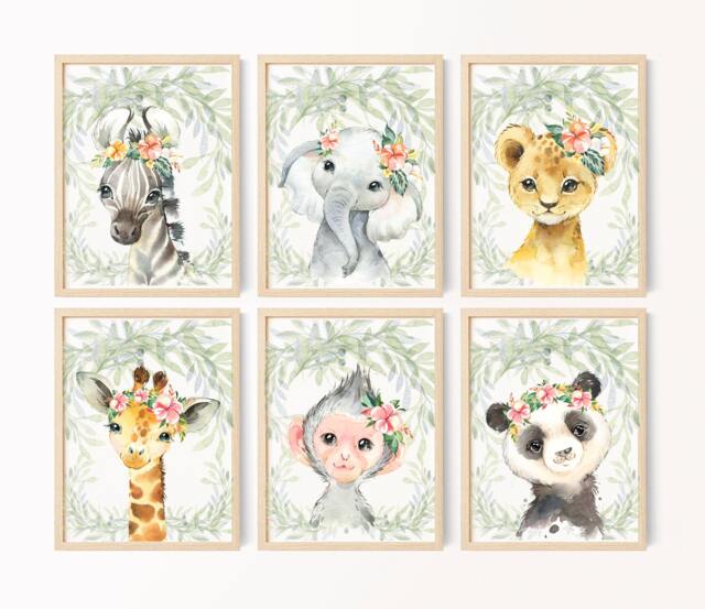 Safari Animals Nursery Prints, Jungle Decor, Floral Baby Animal Wall Art, Lion, Elephant, Monkey, Giraffe, Panda, Zebra, Girls Decor