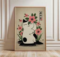 Japanese Lucky Cat Wall Art, Maneki Neko Poster With Cherry Blossoms, Traditional Zen Style Print For Calming Asian Home Decor - thumbnail 1