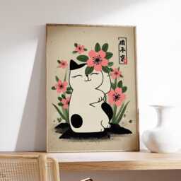 Japanese Lucky Cat Wall Art, Maneki Neko Poster With Cherry Blossoms, Traditional Zen Style Print For Calming Asian Home Decor - thumbnail 2