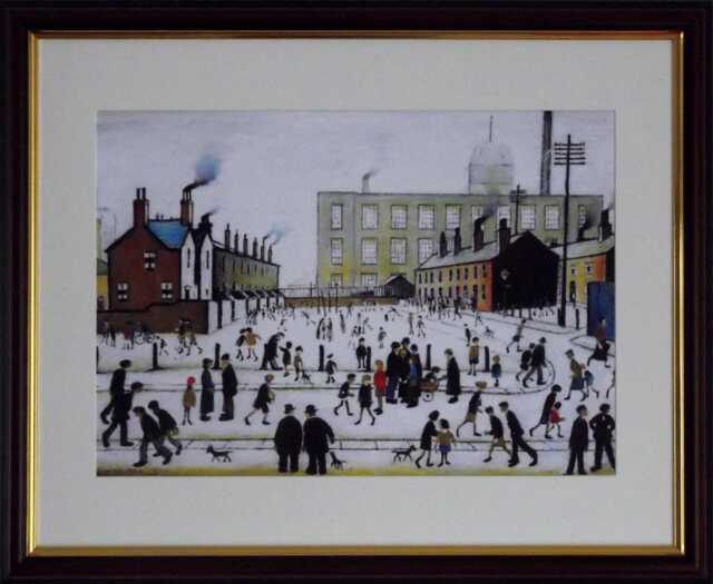 L S Lowry Authentic Art Print - Mill Scene With Figures Walnut Finish Frame White Mount & Textured Image - image 1