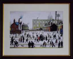 L.s. Lowry Art Print - Mill Scene With Figures Walnut Finish Frame With Mount & Textured Image