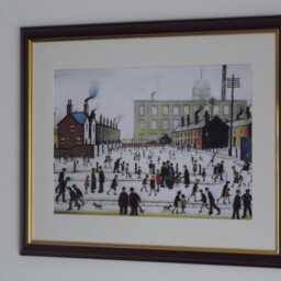 L S Lowry Authentic Art Print - Mill Scene With Figures Walnut Finish Frame White Mount & Textured Image - thumbnail 2