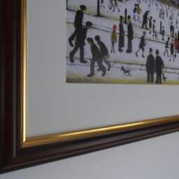 L S Lowry Authentic Art Print - Mill Scene With Figures Walnut Finish Frame White Mount & Textured Image - thumbnail 3