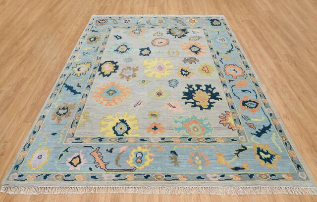 Handwoven Wool Oushak Rug, Gray, Blue, Yellow, Floral Design Ar_3322 - image 1