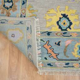 Handwoven Wool Oushak Rug, Gray, Blue, Yellow, Floral Design Ar_3322 - thumbnail 3