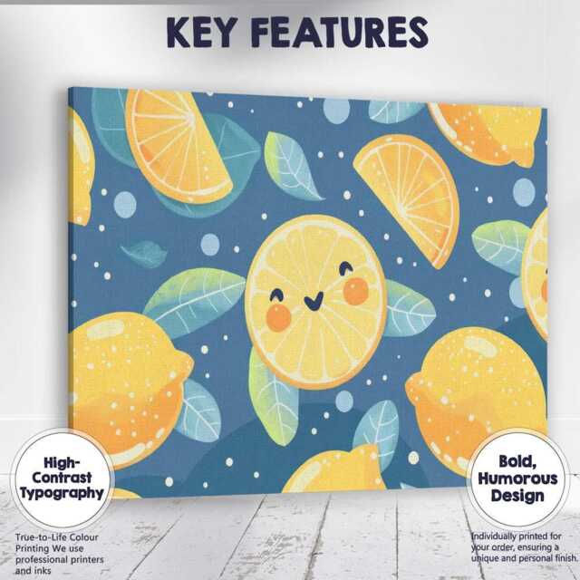 Cute Smiling Lemon Character Repeat Pattern Canvas Wall Art Print Decor Picture Ready To Hang - image 1