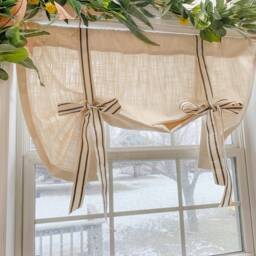 White Tie-Up Valance Farmhouse Linen Look, Modern Home Decor - thumbnail 2