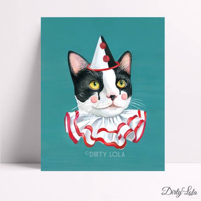 Madame Poulet Art Print - Painting Cat Sad Clown Vintage Inspired Original Artwork - image 1